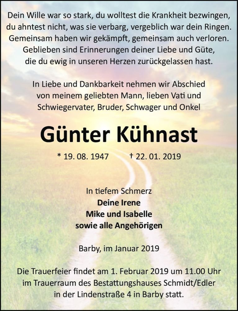  Traueranzeige für Günter Kühnast  vom 26.01.2019 aus Magdeburger Volksstimme