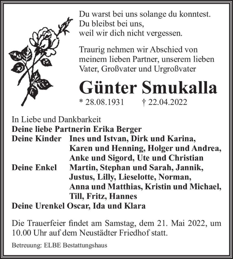  Traueranzeige für Günter Smukalla  vom 07.05.2022 aus Magdeburger Volksstimme