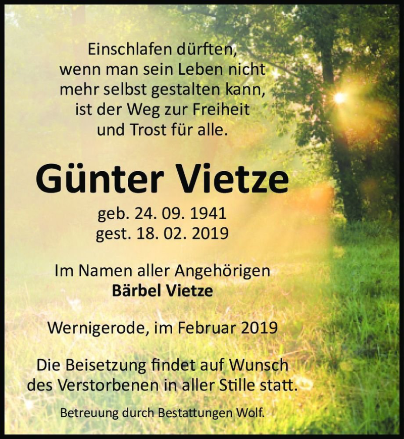  Traueranzeige für Günter Vietze  vom 23.02.2019 aus Magdeburger Volksstimme