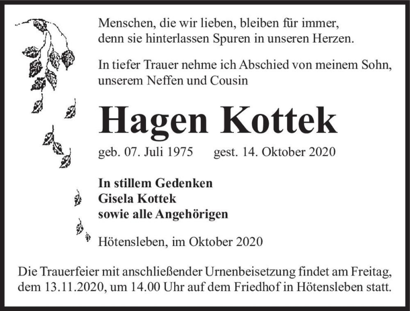  Traueranzeige für Hagen Kottek  vom 30.10.2020 aus Magdeburger Volksstimme