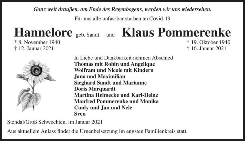  Traueranzeige für Hannelore Pommerenke (geb. Sandt) und Klaus Pommerenke  vom 20.01.2021 aus Magdeburger Volksstimme