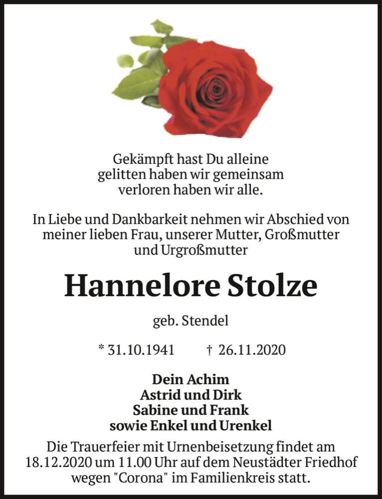  Traueranzeige für Hannelore Stolze (geb. Stendel)  vom 05.12.2020 aus Magdeburger Volksstimme