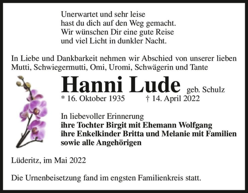  Traueranzeige für Hanni Lude (geb. Schulz)  vom 04.05.2022 aus Magdeburger Volksstimme
