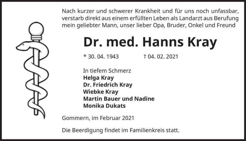  Traueranzeige für Hanns Kray  vom 09.02.2021 aus Magdeburger Volksstimme