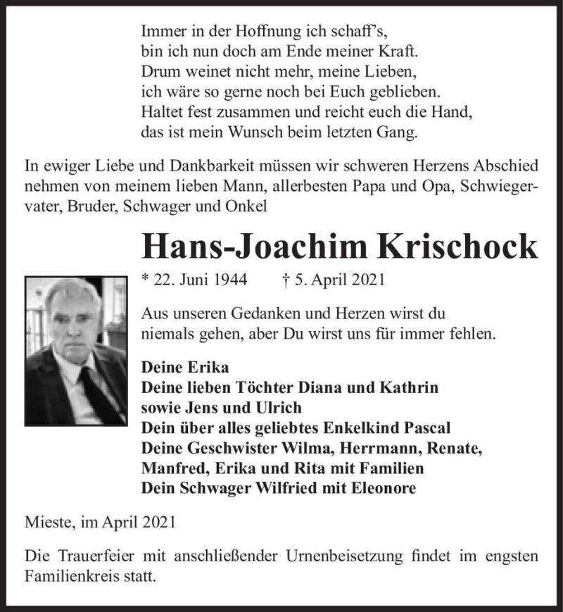  Traueranzeige für Hans-Joachim Krischock  vom 08.04.2021 aus Magdeburger Volksstimme