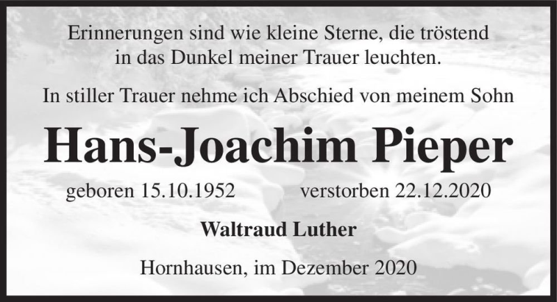 Traueranzeige für Hans-Joachim Pieper  vom 30.12.2020 aus Magdeburger Volksstimme