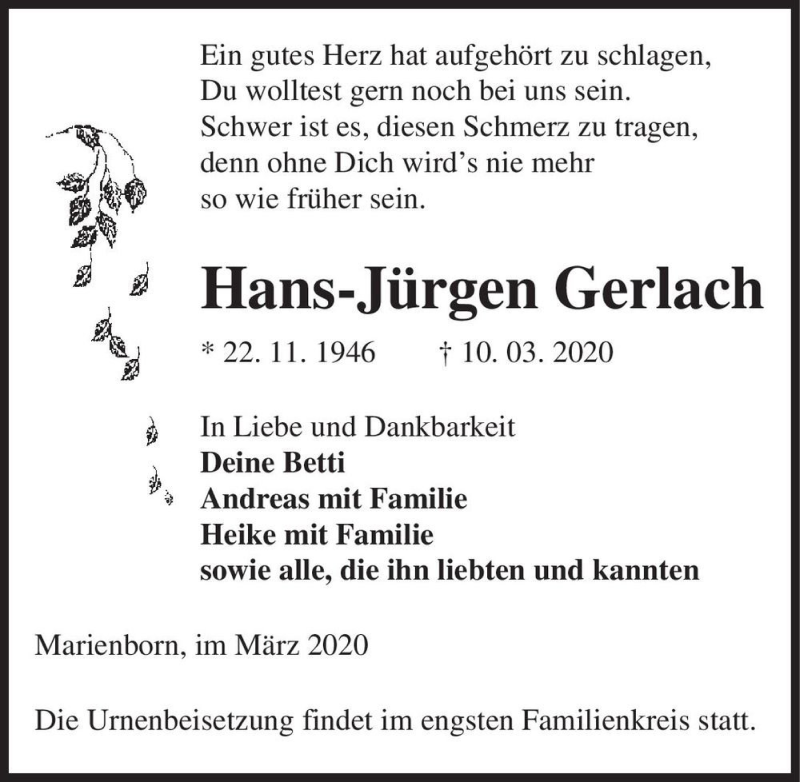  Traueranzeige für Hans-Jürgen Gerlach  vom 16.03.2020 aus Magdeburger Volksstimme