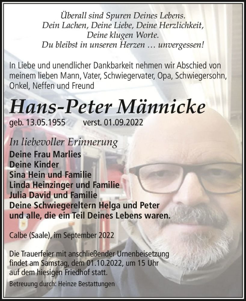  Traueranzeige für Hans-Peter Männicke  vom 10.09.2022 aus Magdeburger Volksstimme