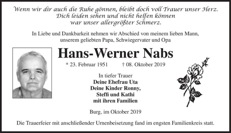  Traueranzeige für Hans-Werner Nabs  vom 23.10.2019 aus Magdeburger Volksstimme