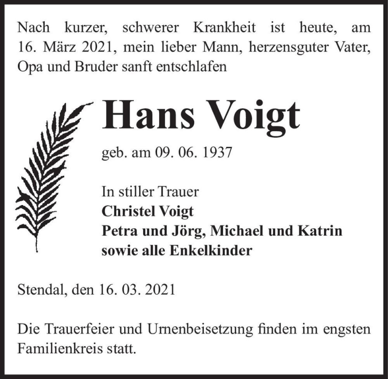  Traueranzeige für Hans Voigt  vom 19.03.2021 aus Magdeburger Volksstimme