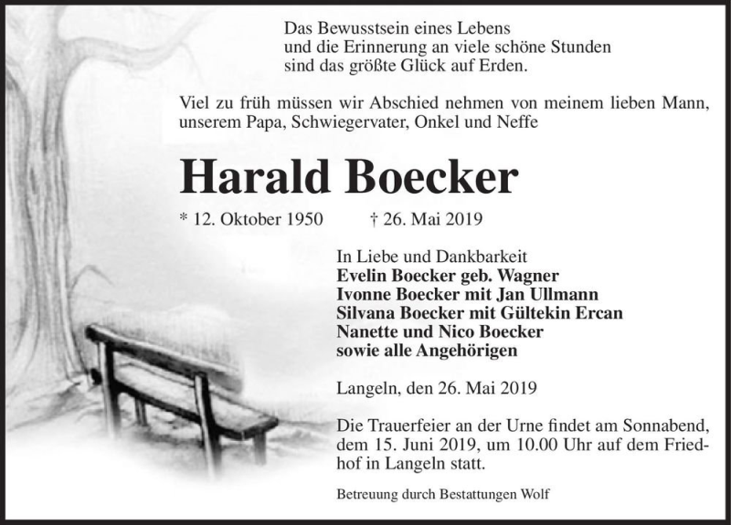  Traueranzeige für Harald Boecker  vom 31.05.2019 aus Magdeburger Volksstimme
