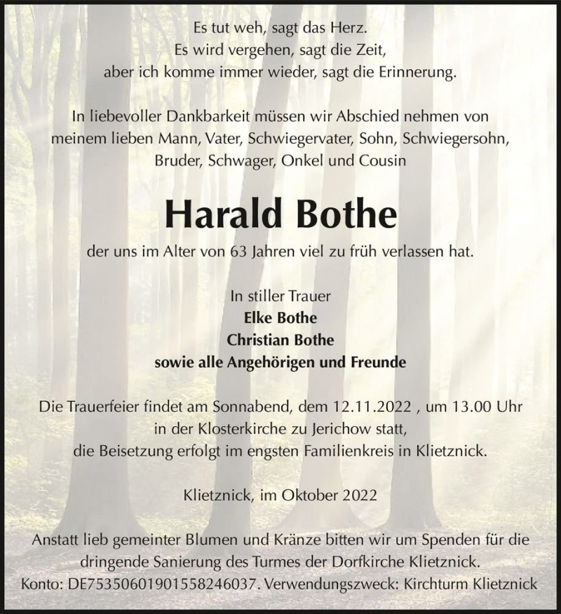 Traueranzeige für Harald Bothe  vom 02.11.2022 aus Magdeburger Volksstimme