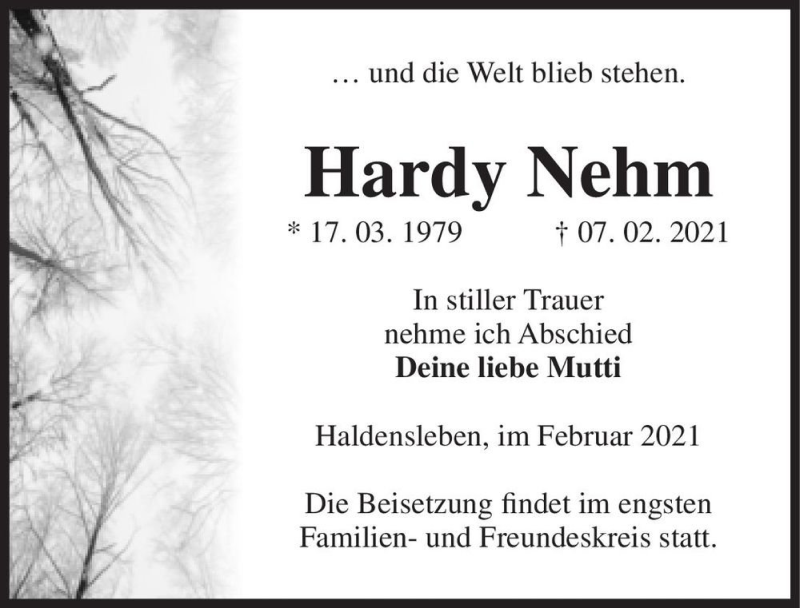  Traueranzeige für Hardy Nehm  vom 27.02.2021 aus Magdeburger Volksstimme