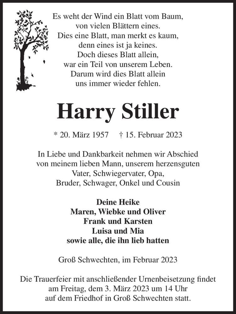  Traueranzeige für Harry Stiller  vom 18.02.2023 aus Magdeburger Volksstimme