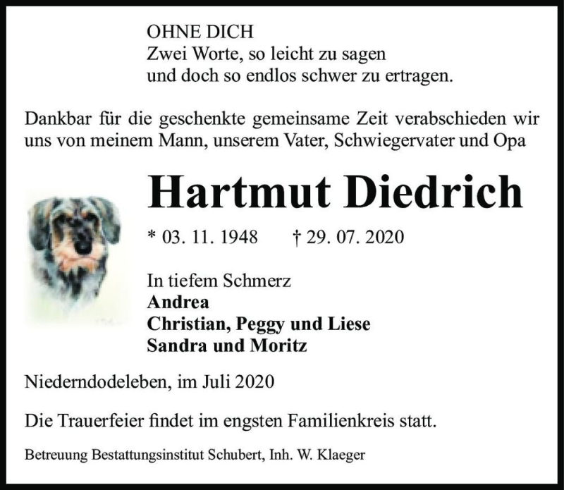  Traueranzeige für Hartmut Dietrich  vom 08.08.2020 aus Magdeburger Volksstimme