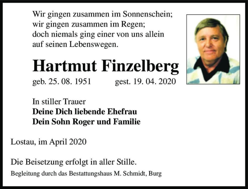  Traueranzeige für Hartmut Finzelberg  vom 02.05.2020 aus Magdeburger Volksstimme
