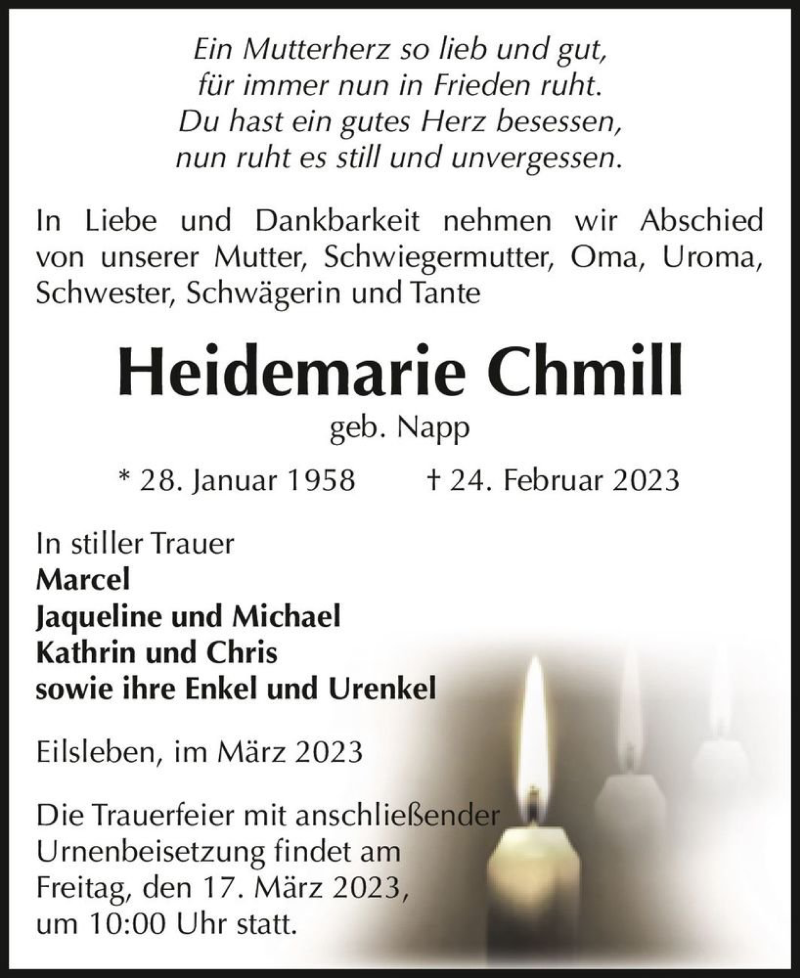  Traueranzeige für Heidemarie Chmill (geb. Napp)  vom 11.03.2023 aus Magdeburger Volksstimme