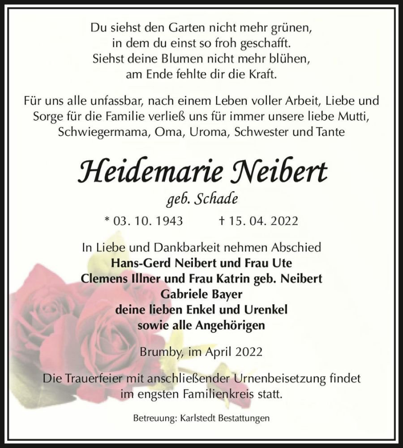  Traueranzeige für Heidemarie Neibert (geb. Schade)  vom 23.04.2022 aus Magdeburger Volksstimme