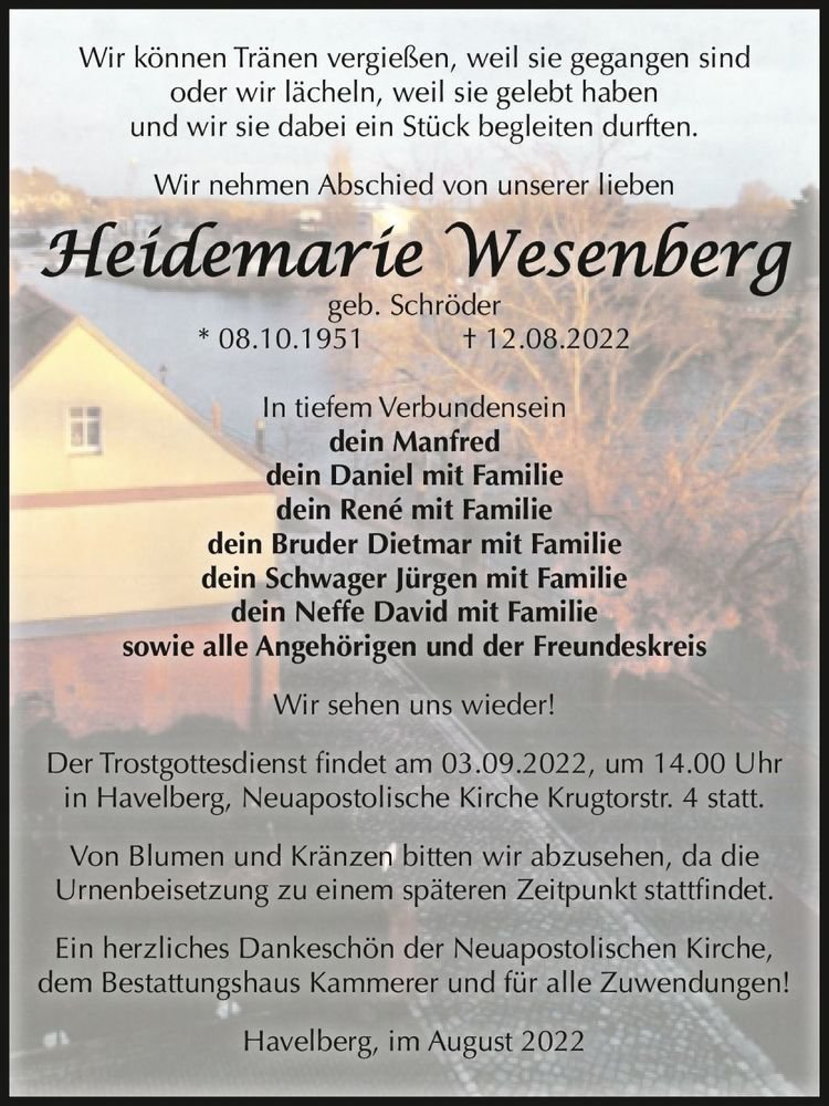  Traueranzeige für Heidemarie Wesenberg (geb. Schröder)  vom 25.08.2022 aus Magdeburger Volksstimme