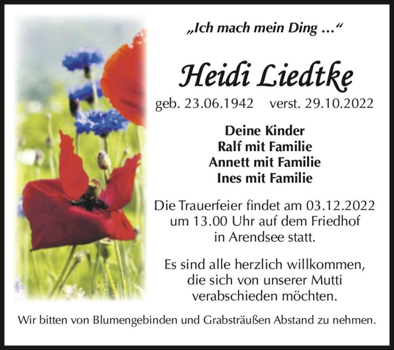  Traueranzeige für Heidi Liedtke  vom 19.11.2022 aus Magdeburger Volksstimme