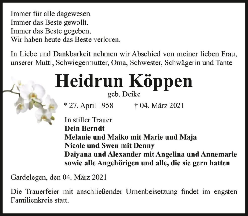  Traueranzeige für Heidrun Köppen (geb. Deike)  vom 10.03.2021 aus Magdeburger Volksstimme