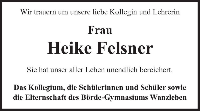  Traueranzeige für Heike Felsner  vom 31.03.2022 aus Magdeburger Volksstimme
