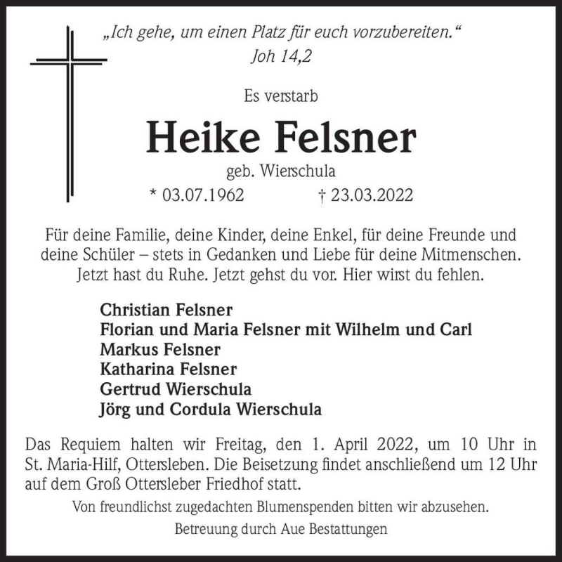  Traueranzeige für Heike Felsner (geb. Wierschula)  vom 30.03.2022 aus Magdeburger Volksstimme