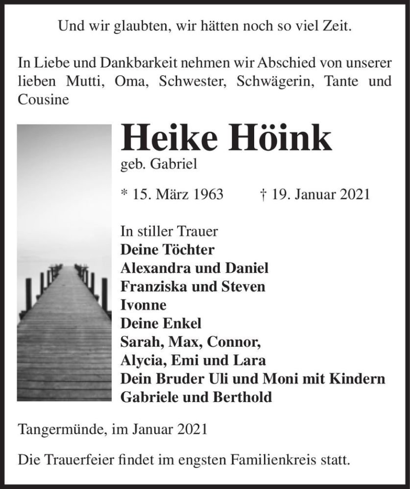  Traueranzeige für Heike Höink (geb. Gabriel)  vom 23.01.2021 aus Magdeburger Volksstimme