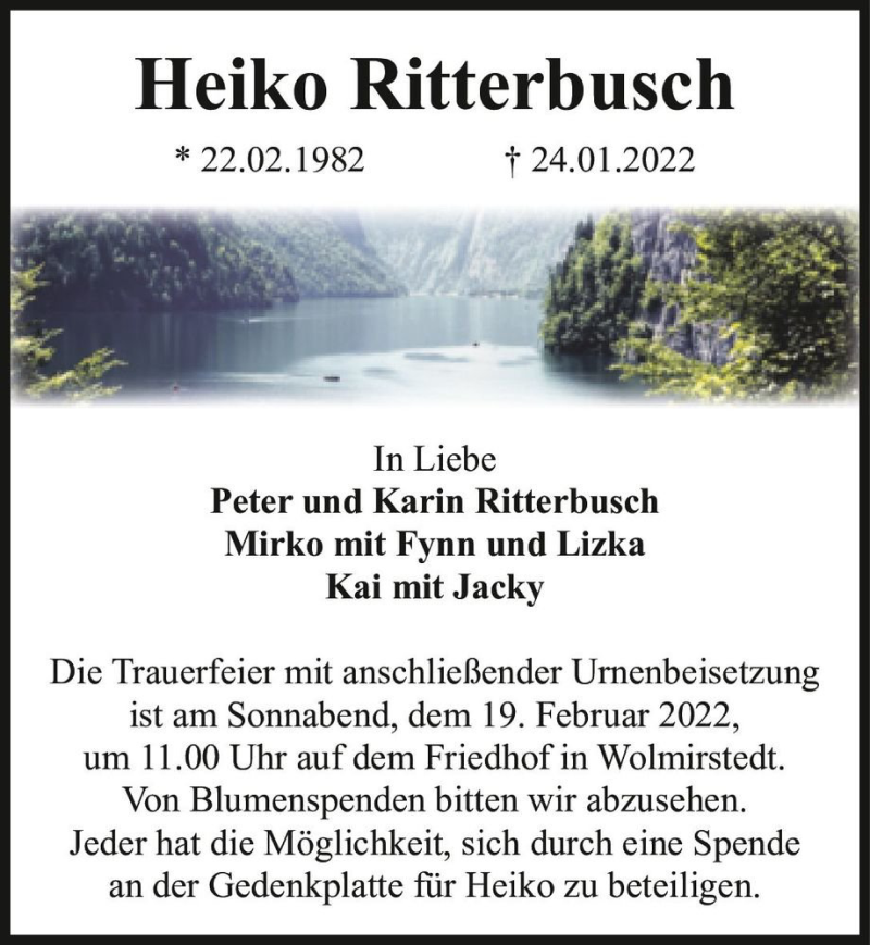  Traueranzeige für Heiko Ritterbusch  vom 05.02.2022 aus Magdeburger Volksstimme