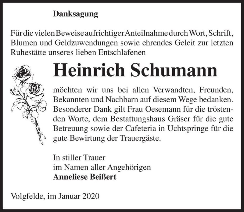  Traueranzeige für Heinrich Schumann  vom 17.01.2020 aus Magdeburger Volksstimme
