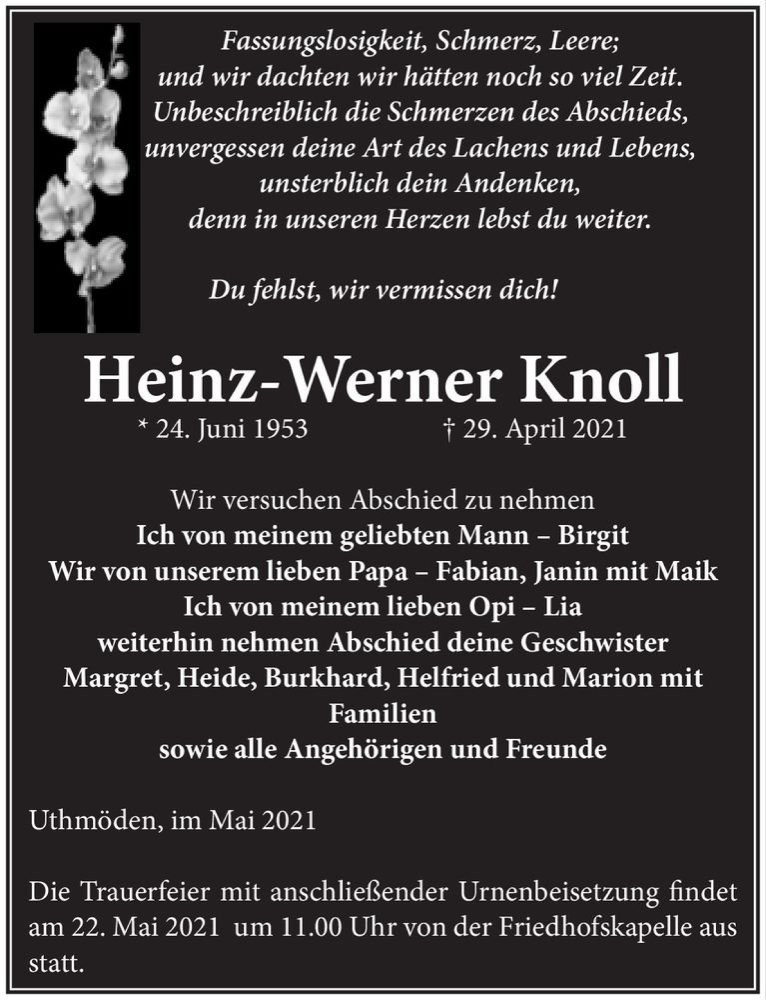  Traueranzeige für Heinz-Werner Knoll  vom 08.05.2021 aus Magdeburger Volksstimme