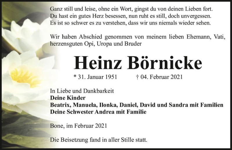  Traueranzeige für Heinz Börnicke  vom 06.03.2021 aus Magdeburger Volksstimme