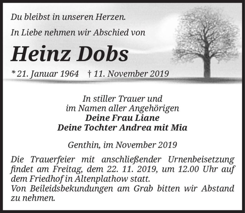  Traueranzeige für Heinz Dobs  vom 16.11.2019 aus Magdeburger Volksstimme