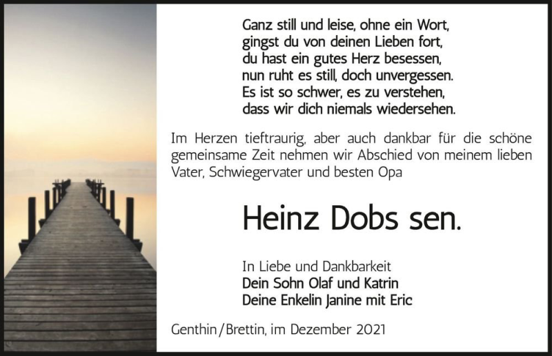  Traueranzeige für Heinz Dobs sen.  vom 18.12.2021 aus Magdeburger Volksstimme