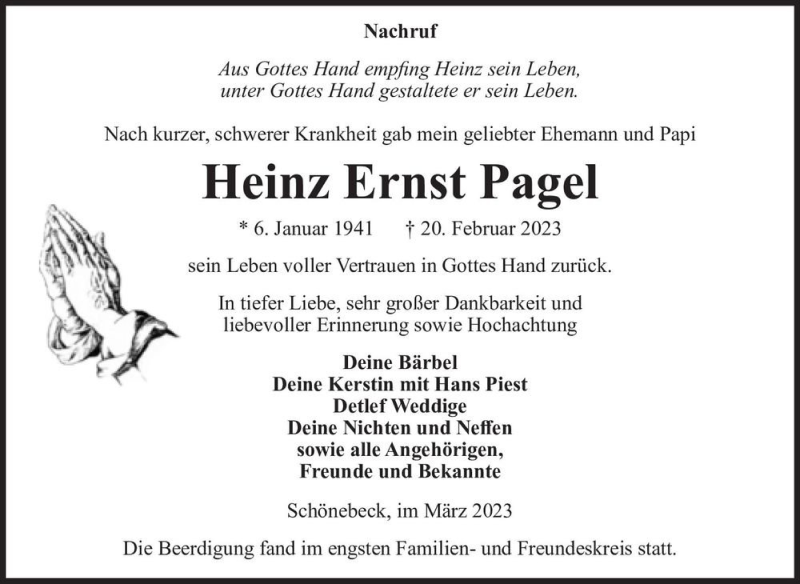  Traueranzeige für Heinz Ernst Pagel  vom 11.03.2023 aus Magdeburger Volksstimme