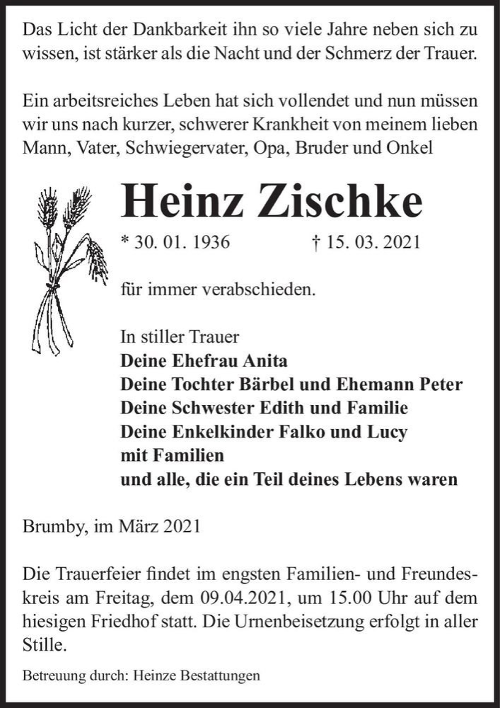  Traueranzeige für Heinz Zischke  vom 27.03.2021 aus Magdeburger Volksstimme