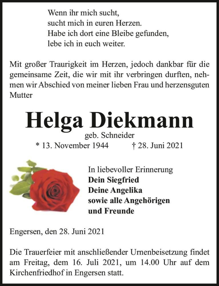  Traueranzeige für Helga Diekmann (geb. Schneider)  vom 03.07.2021 aus Magdeburger Volksstimme