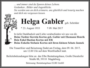 Traueranzeige von Helga Gabler (geb. Schröder)  von Magdeburger Volksstimme