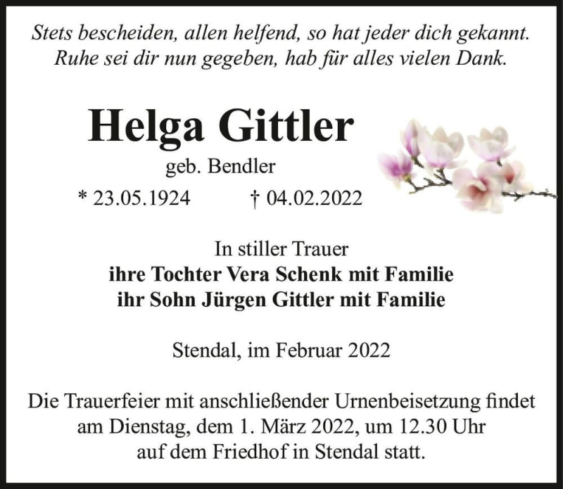  Traueranzeige für Helga Gittler (geb. Bendler)  vom 22.02.2022 aus Magdeburger Volksstimme