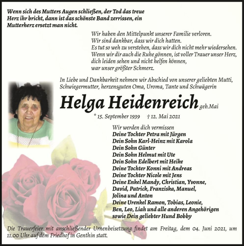  Traueranzeige für Helga Heidenreich (geb. Mai)  vom 22.05.2021 aus Magdeburger Volksstimme