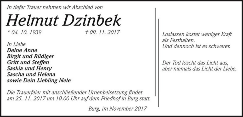  Traueranzeige für Helmut Dzinbek  vom 18.11.2017 aus Magdeburger Volksstimme
