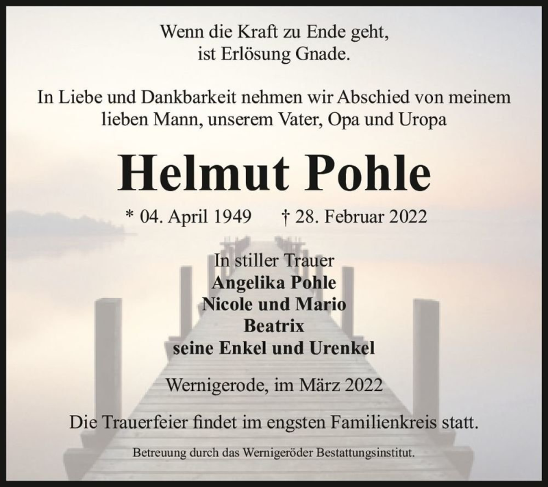  Traueranzeige für Helmut Pohle  vom 04.03.2022 aus Magdeburger Volksstimme