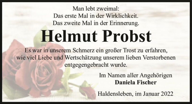  Traueranzeige für Helmut Probst  vom 05.02.2022 aus Magdeburger Volksstimme