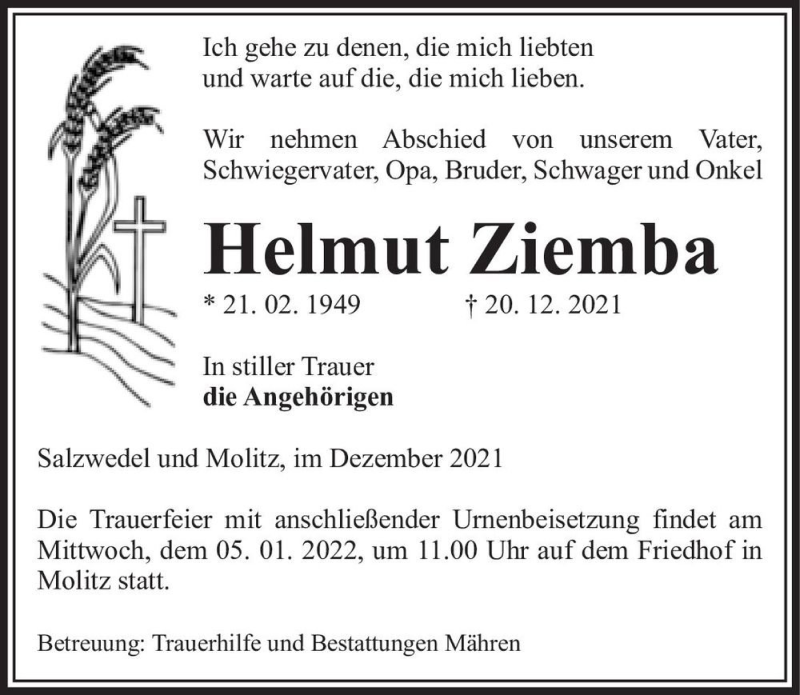  Traueranzeige für Helmut Ziemba  vom 23.12.2021 aus Magdeburger Volksstimme