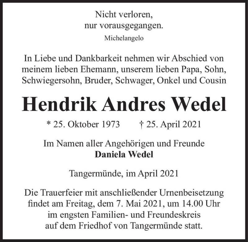  Traueranzeige für Hendrik Andres Wedel  vom 30.04.2021 aus Magdeburger Volksstimme