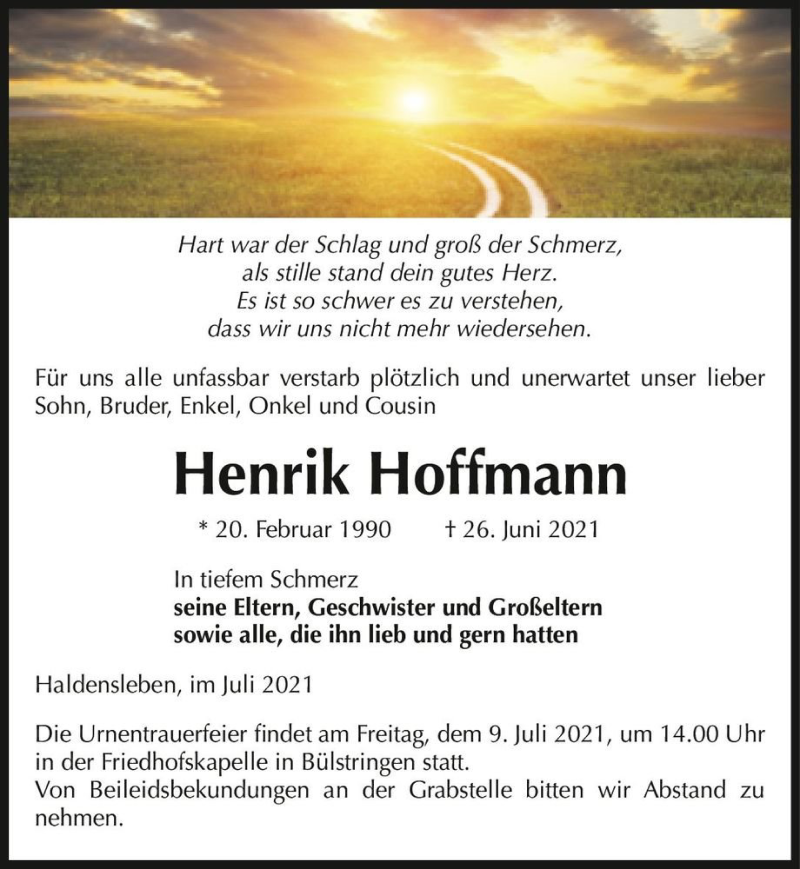  Traueranzeige für Henrik Hoffmann  vom 03.07.2021 aus Magdeburger Volksstimme