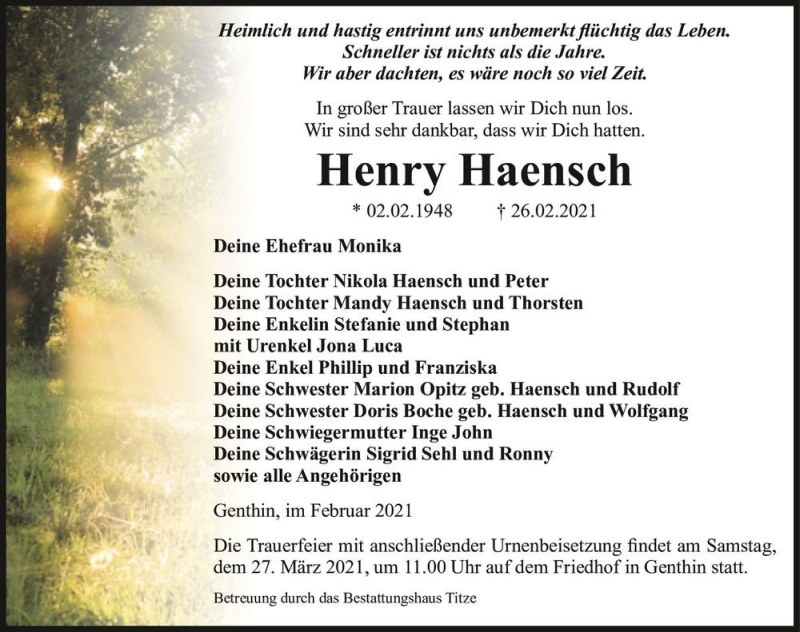  Traueranzeige für Henry Haensch  vom 06.03.2021 aus Magdeburger Volksstimme