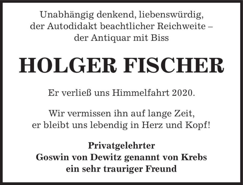  Traueranzeige für Holger Fischer  vom 27.05.2020 aus Magdeburger Volksstimme