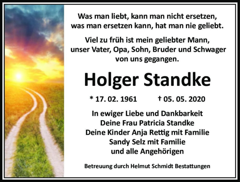  Traueranzeige für Holger Standke  vom 09.05.2020 aus Magdeburger Volksstimme
