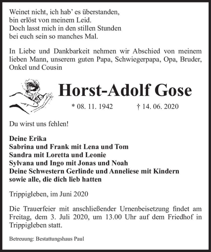  Traueranzeige für Horst-Adolf Gose  vom 17.06.2020 aus Magdeburger Volksstimme